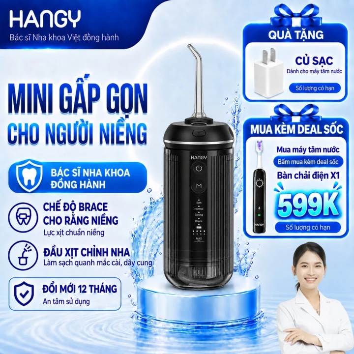 Máy tăm nước mini HANGY O16 & HM06 gấp gọn cho người niềng - Khởi động mềm, 4 chế độ làm sạch