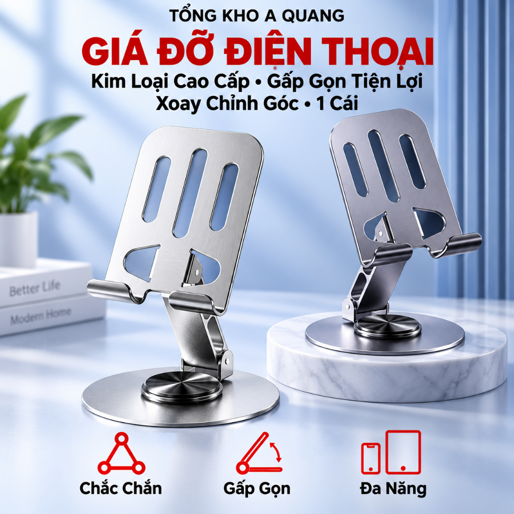 GIÁ ĐỠ ĐIỆN THOẠI INOX TRỤC XOAY 360 ĐÔ GẤP GỌN TIỆN DỤNG - KỆ GIÁ ĐỠ, Giá đỡ điện thoại máy tính bảng ipad kim loại