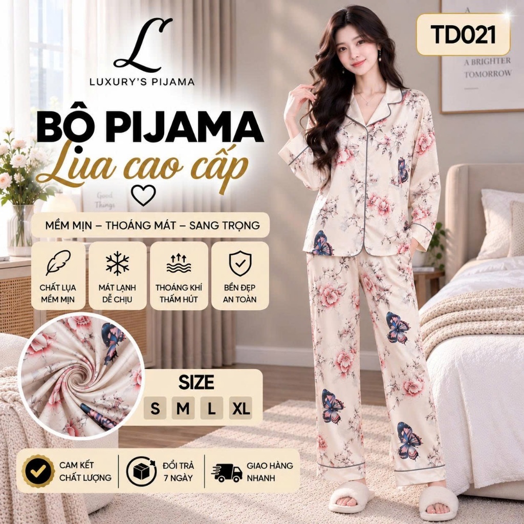 Đồ bộ LUXURY PIJAMA lụa latin cao cấp, mềm mịn sang trọng tay dài họa tiết hoa hồng đen TD021