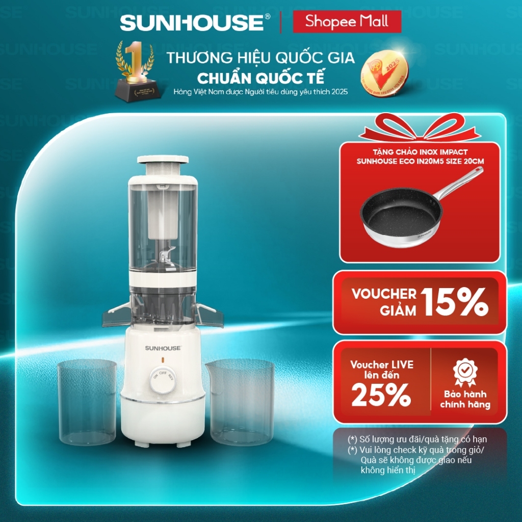 Máy ép chậm Sunhouse SHD5515 - Dung tích 600ml - Làm được kem, lưỡi cắt vượt trội - Ống tiếp nguyên liệu lớn 108mm