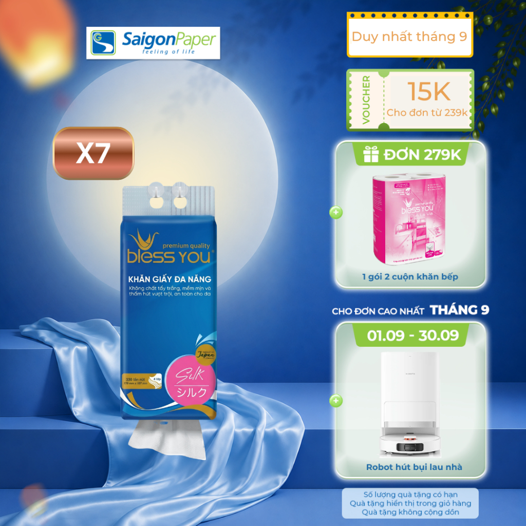 Combo 7 gói Khăn giấy đa năng Bless You Silk 330 tờ