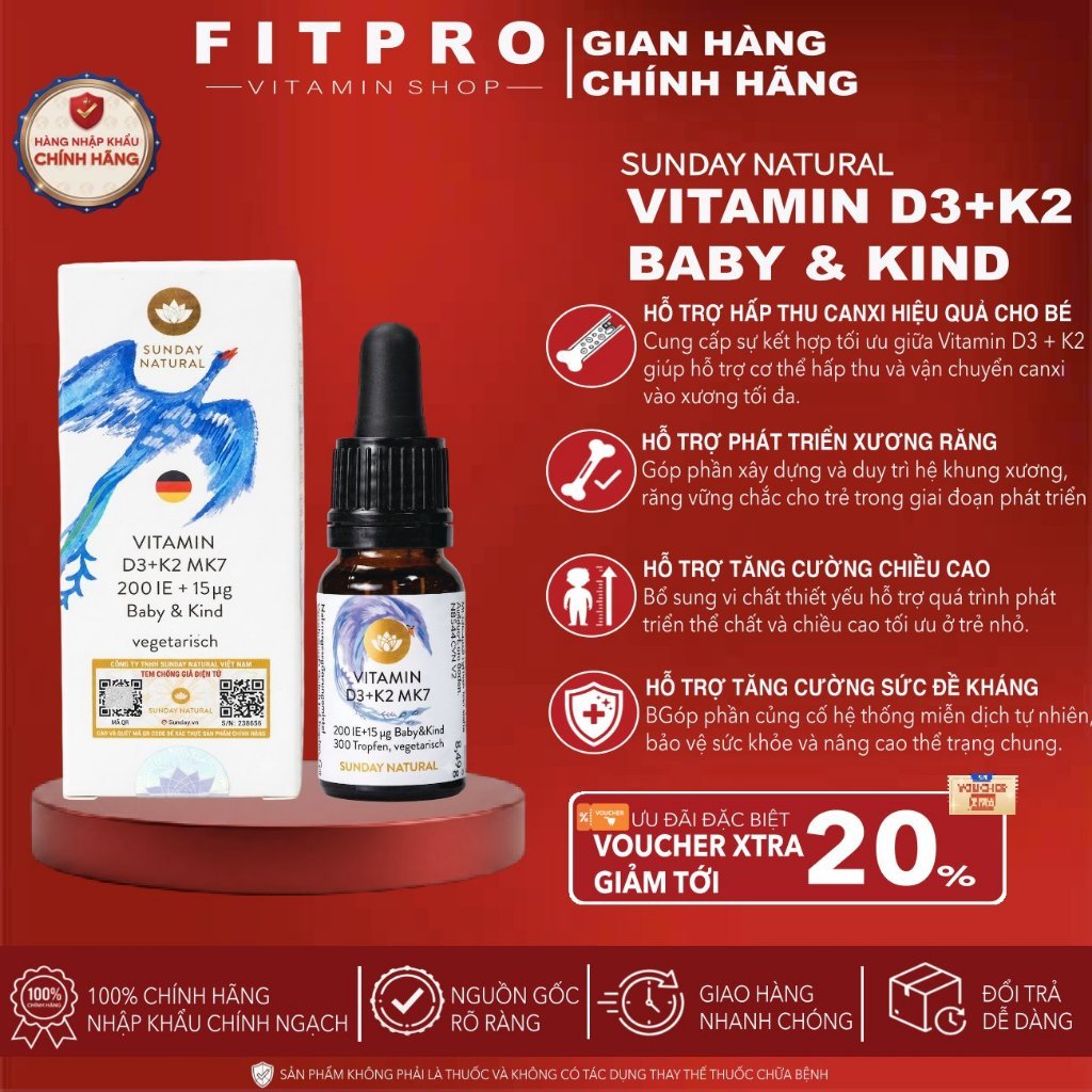 Vitamin D3 K2 MK7 Sunday Natural (10ml), Giúp Bé Tăng Chiều Cao & Hấp Thu Canxi (Chính Hãng)