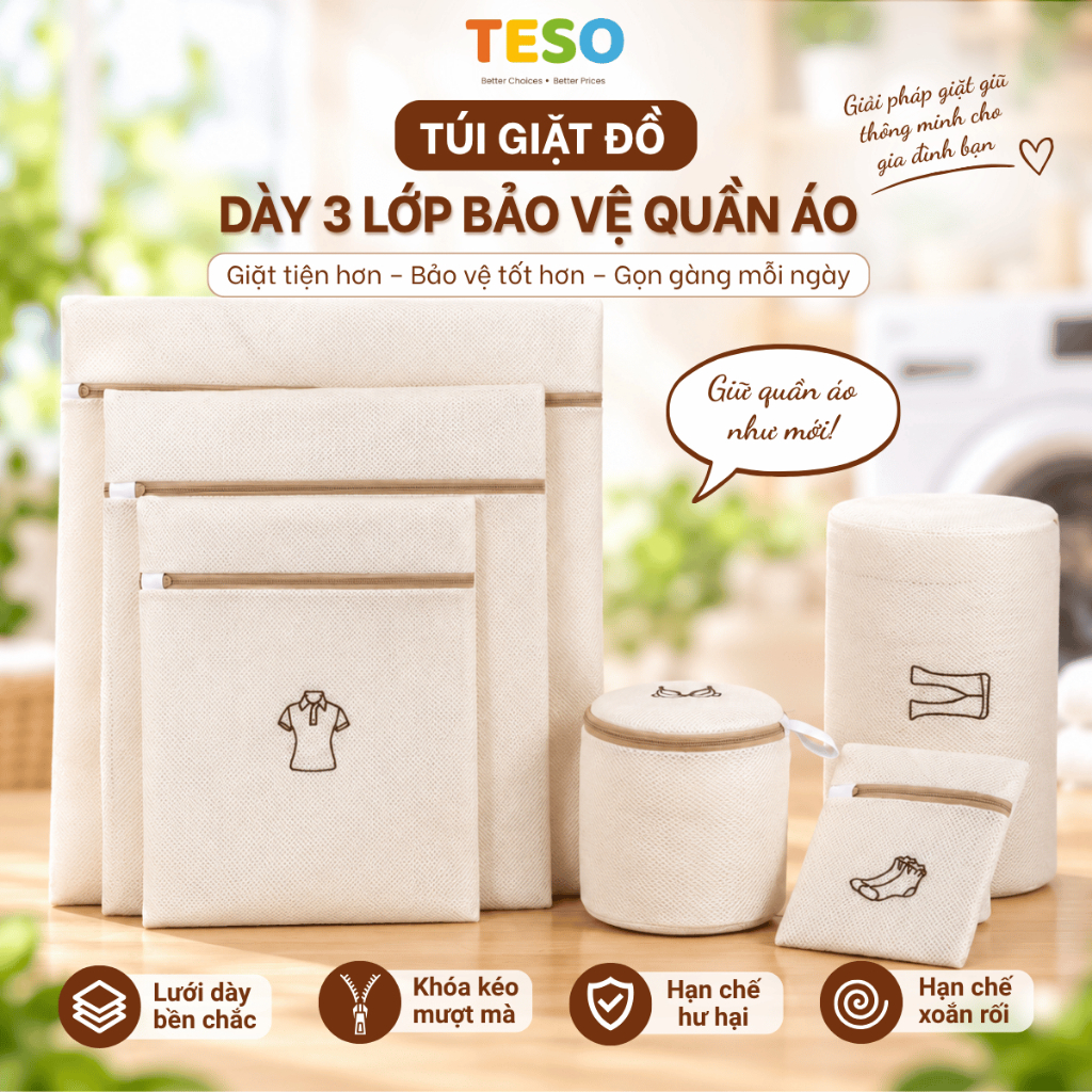 Túi Lưới Giặt Đồ Dày 3 Lớp TESO - Túi Giặt Bảo Vệ Quần Áo, Đồ Lót, Tất Vớ - Túi Giặt Đồ Trẻ Em