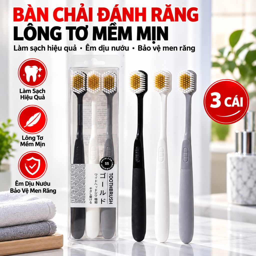 Set 3 Bàn Chải Đánh Răng Nhật Lông Siêu Mềm Bảo Vệ Nướu Nhạy Cảm Bản Chải Đánh Răng Lông Mềm Kháng Khuẩn