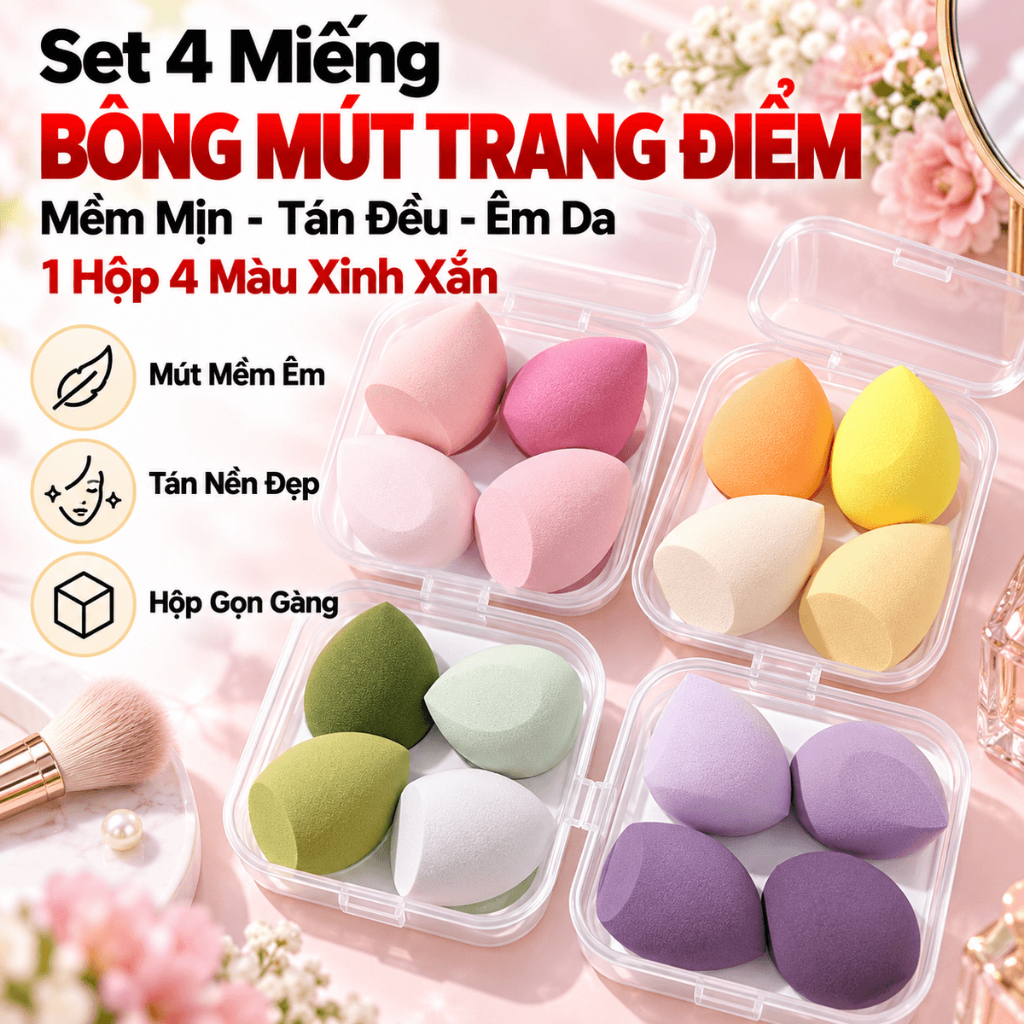 (COMBO 2) BÔMG MÚT TRANG ĐIỂM , Hộp gồm 4 mút tán kem nền mút trang điểm mềm mại hình giọt nước siêu tiện dụng