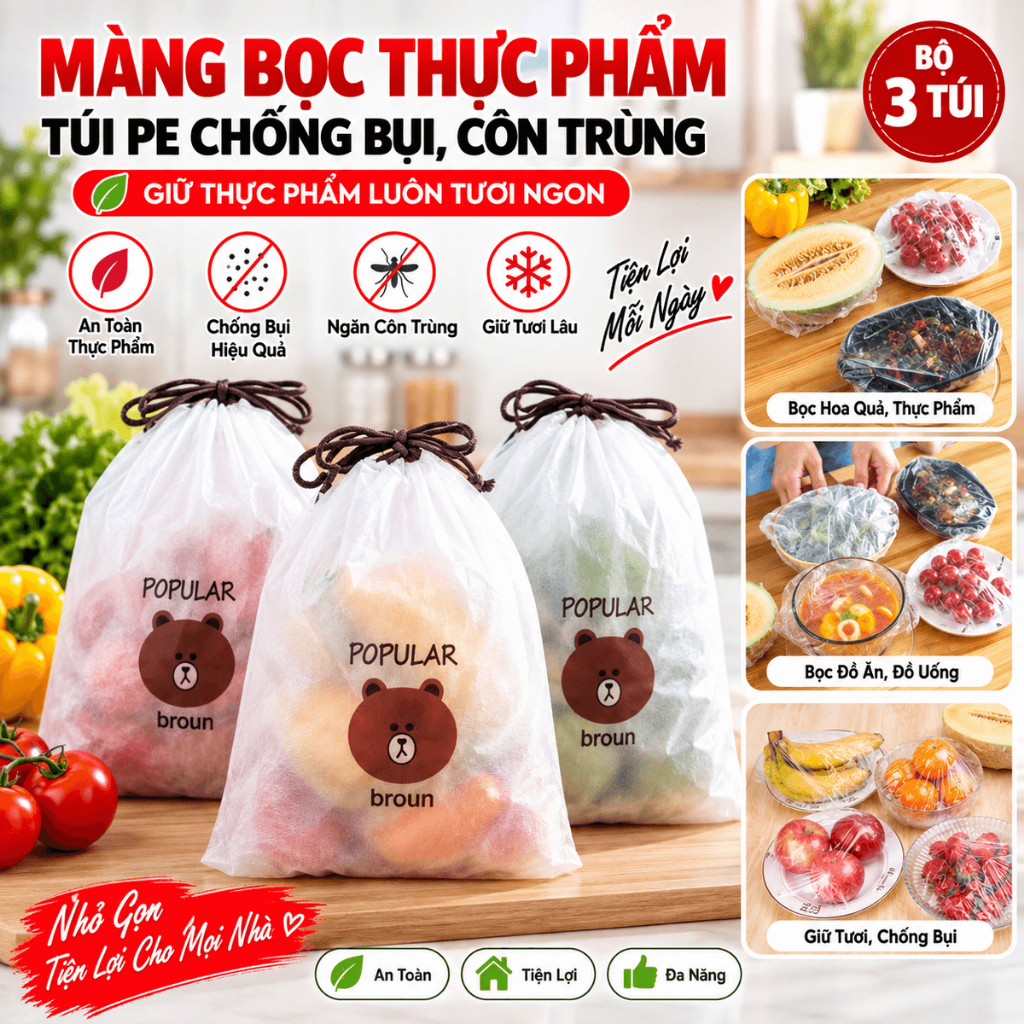 [COMBO 10 TÚI ] MÀNG BỌC THỰC PHẨM PE - Túi Bọc Thức Ăn - Túi Màng Bọc Gấu Có Chun Co Giãn Tái Sử Dụng