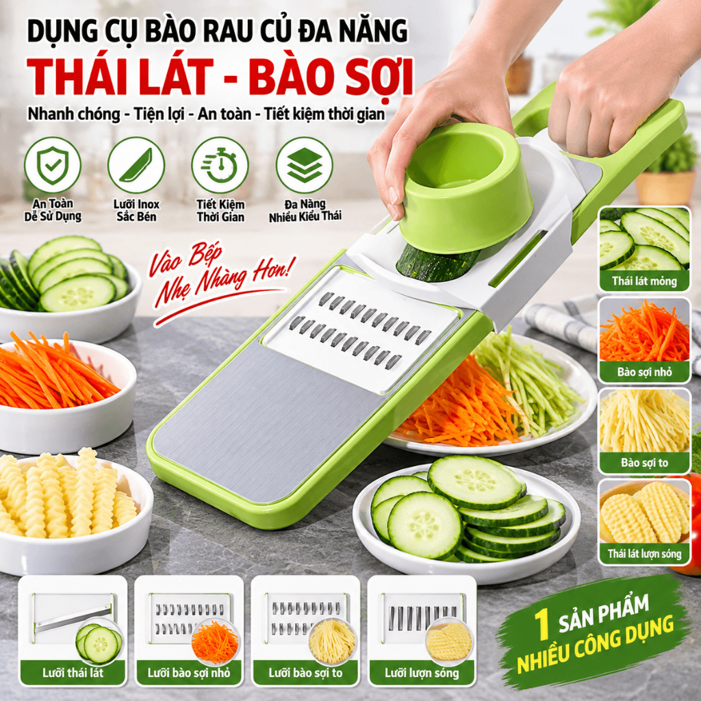 Dụng Cụ Bào Rau Củ Quả Đa Năng 6 Lưỡi Inox 304, Dụng Cụ Nạo Bào Sợi Thái Lát An Toàn Cho Nhà Bếp Gia Đình