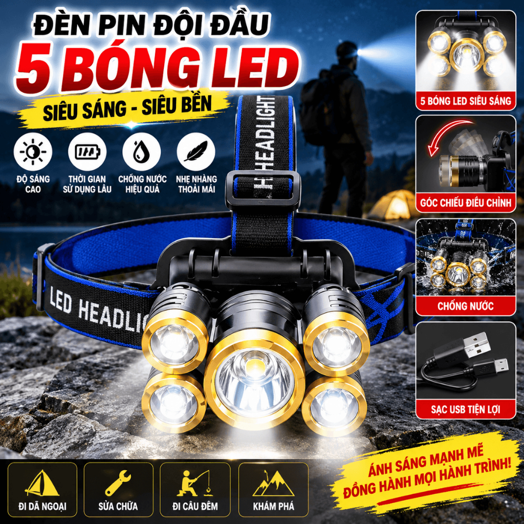 ĐÈN PIN ĐỘI ĐẦU 5 BÓNG CHIẾU XA SIÊU SÁNG - Đèn LED đeo đầu, sạc tiện lợi, chống nước, bền bỉ