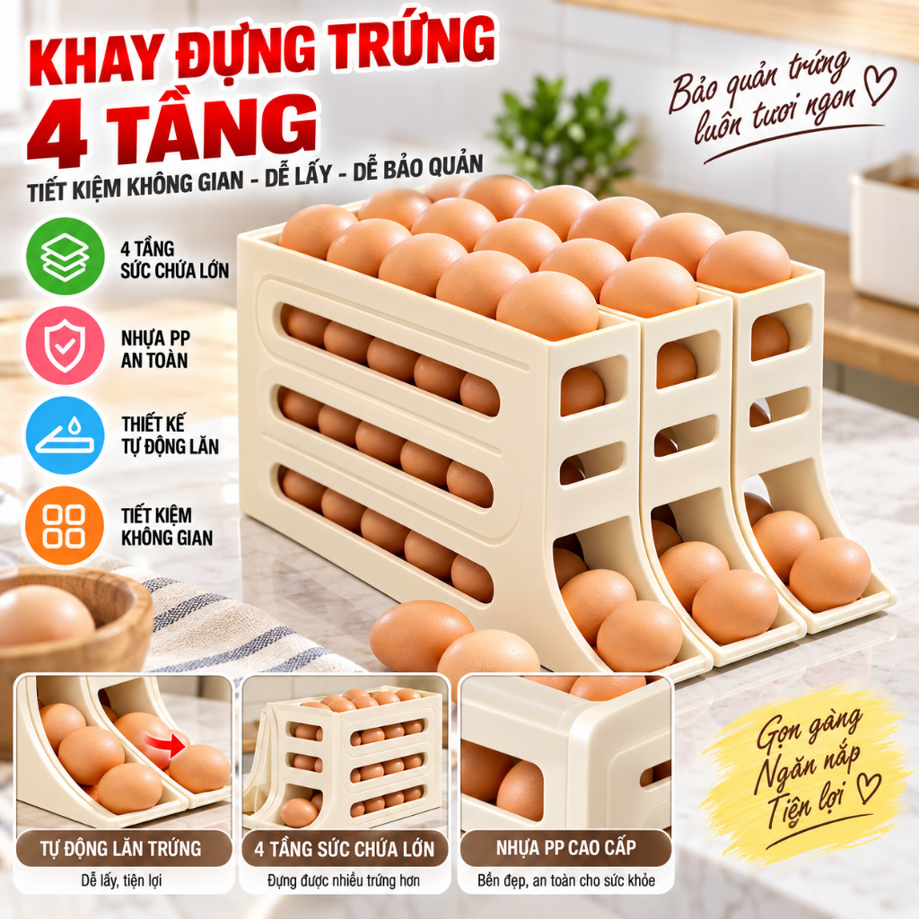 KHAY ĐỰNG TRỨNG 2 TẦNG 4 TẦNG, Khay Đựng Trứng Tủ Lạnh Tự Lăn Thông Minh - MA:KHAYTRUNG25