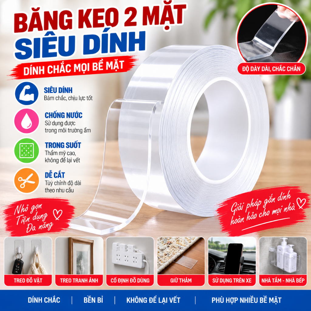 Băng Dính 2 Mặt Đa Năng Trong Suốt,Cuộn Băng Dính Nano Dán Vật Dụng - BĂNG KEO CHỊU LỰC CỰC TỐT KHÔNG ĐỂ LẠI DẤU VẾT