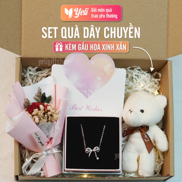 Set quà tặng người yêu, bạn thân, Set quà trang sức dây chuyền, vòng tay tặng bạn gái, Hộp quà trang sức hoa gấu