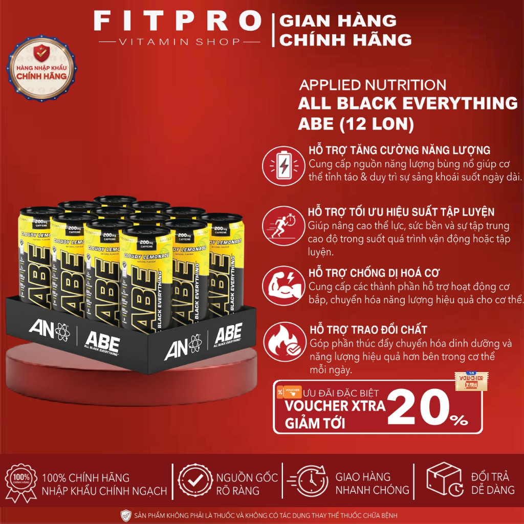 Applied Nutrition ABE Pre-Workout Dạng Lon (12 Lon), Hỗ Trợ Tăng Sức Mạnh Sức Bền, Tập Trung Trước Tập