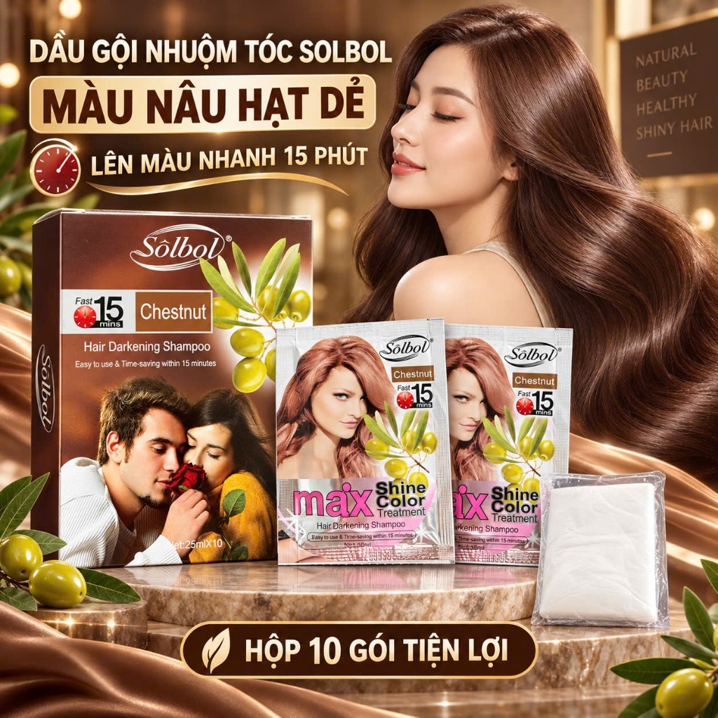 Hộp 10 Gói Dầu Gội Nhuộm Tóc Phủ Bạc Thảo Dược Chính Hãng Sôlbol Max Hair Color Màu Nâu Hạt Dẻ Lên Màu Đẹp 25/gói