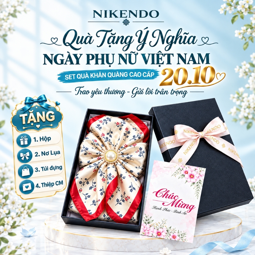 Combo Khăn Lụa + Khuy Cài Khăn Tặng Hộp Đựng Quà khăn quàng choàng cổ cột thời trang Nikendo CB2