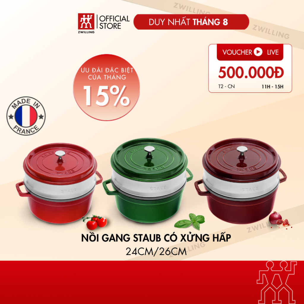 Nồi gang tráng men STAUB La Cocotte (màu đỏ Cherry, xanh Basil) kèm xửng hấp 24/26cm - sản xuất tại Pháp