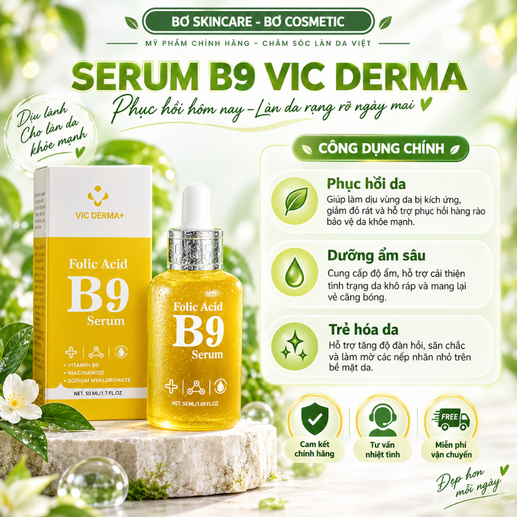 Serum B9 Vic Derma Folic Acid Phục Hồi Trẻ Hóa, Dịu da kích ứng, Căng bóng da