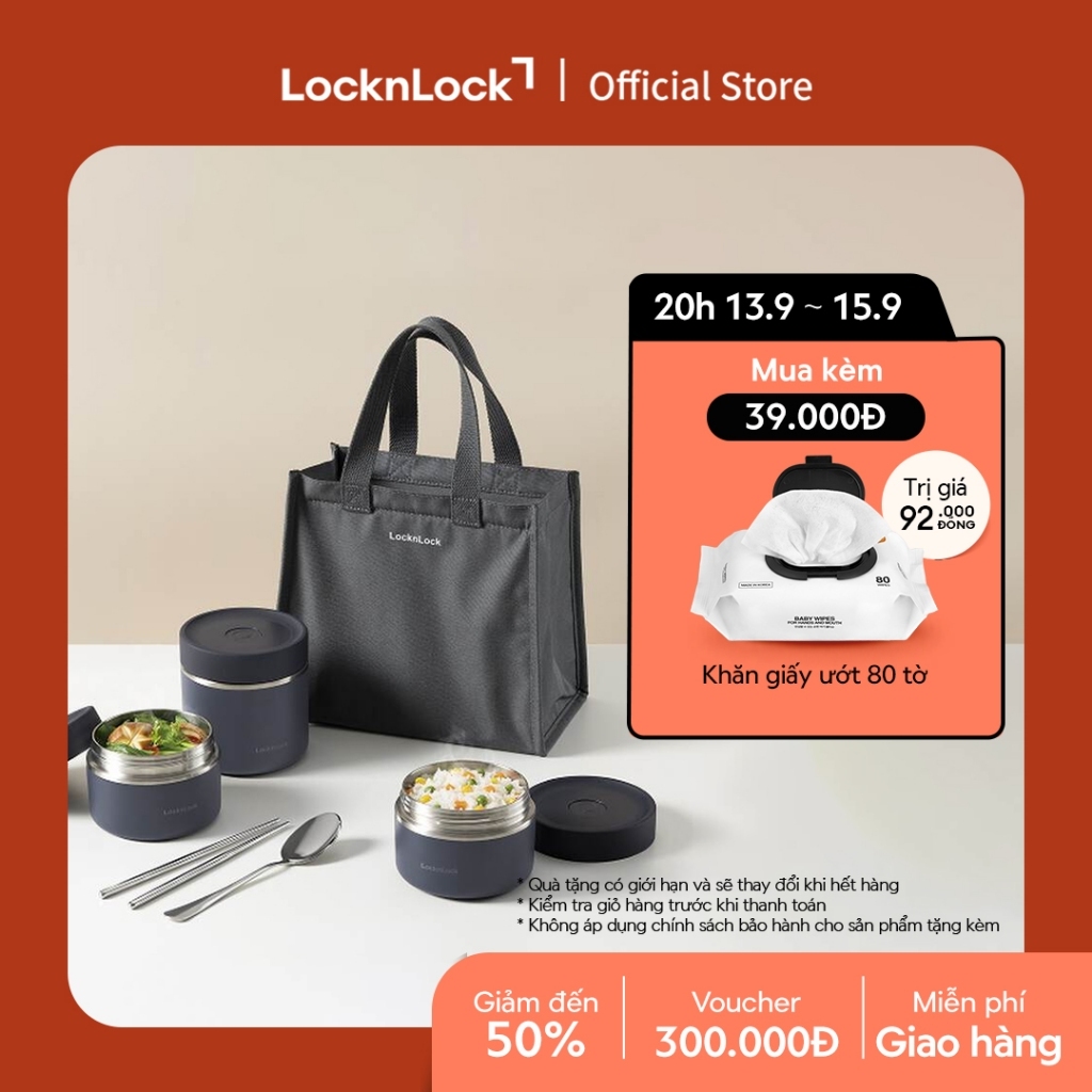Bộ hộp cơm giữ nhiệt Lock&Lock Pump Vacuum Lunch Box (300ml*2, 500ml*1, bộ đũa và thìa, túi) LHC8052S02