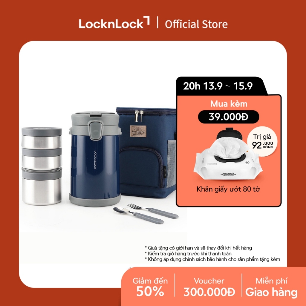 Bộ hộp cơm giữ nhiệt kèm muỗng nĩa Lock&Lock Easy Carry 2.0L LHC8039
