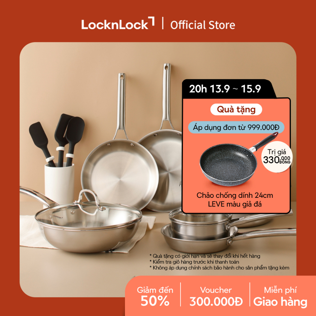 Nồi, Chảo inox LocknLock Eleve thép không gỉ SUS304 tay cầm đúc nguyên khối nhiều kích thước, dùng được bếp từ