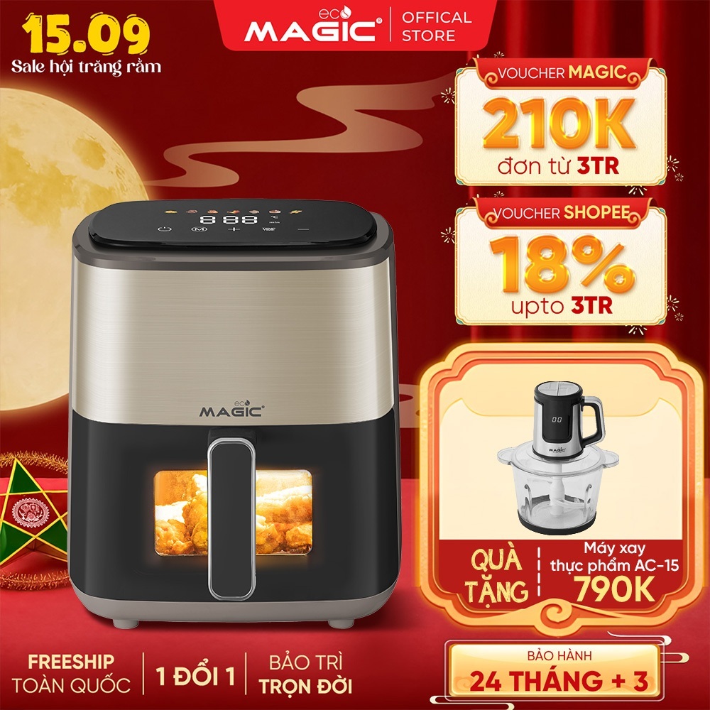 Nồi chiên không dầu điện tử 6L Magic Eco AC-163,Công suất 1500W, Cửa Sổ Trực Quan, BH 24TH