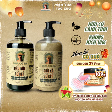 Combo gội xả: Dầu gội bồ kết và dầu xả bồ kết thảo dược Nhà cô ba kích thích mọc tóc, mềm mượt, giảm gãy rụng.
