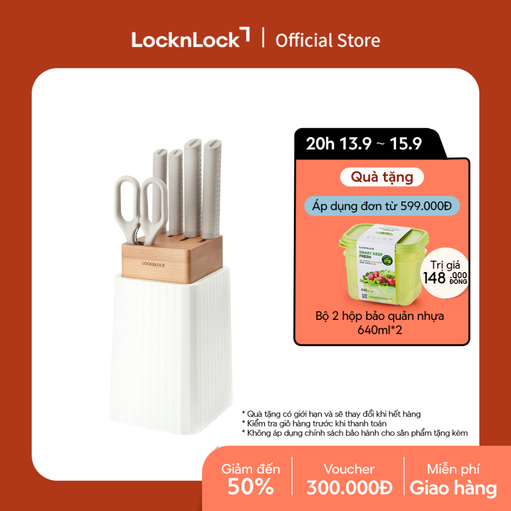 Bộ dao 6 món Lock&Lock (4 dao, 1 kéo, 1 hộp đựng dao) - màu trắng - CKK802