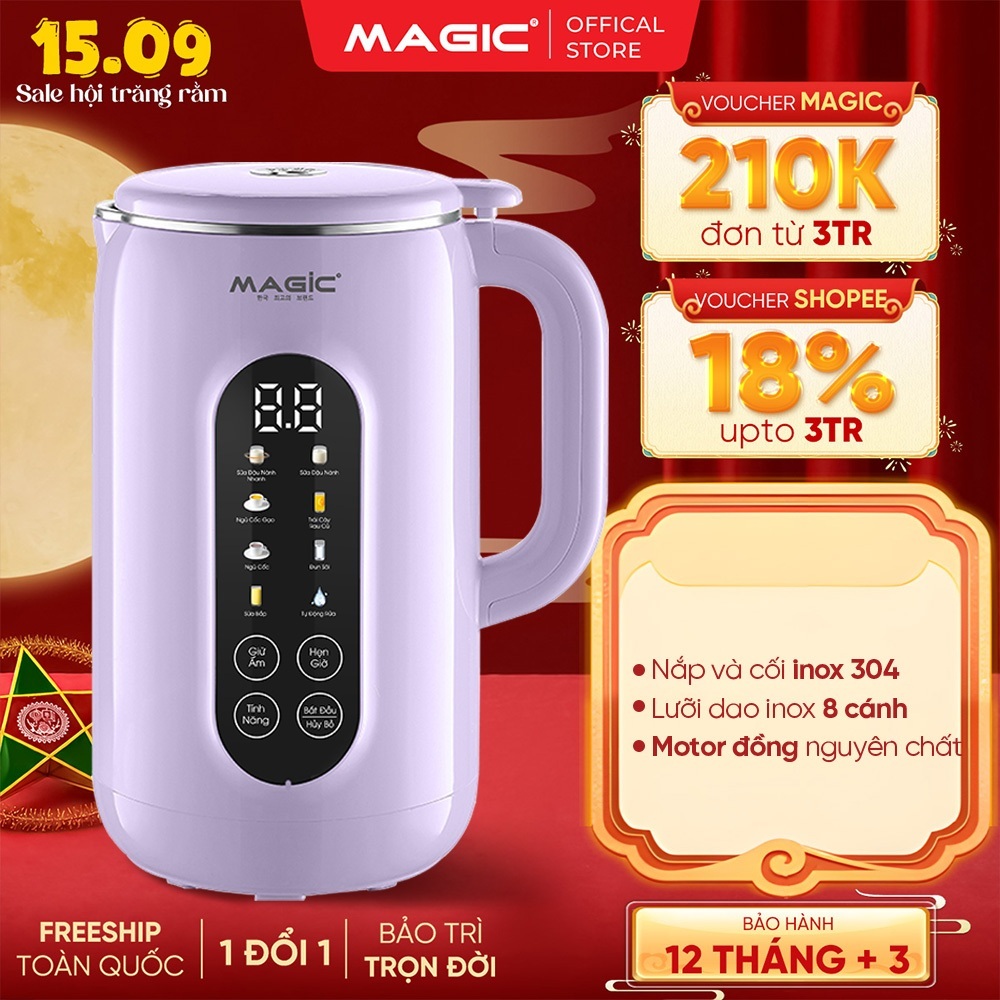 Máy Làm Sữa Hạt Magic A-100, Nắp & Cối Inox 304, Lưỡi Dao 8 Cánh, 8 Chức Năng Xay Nấu, BH 12 Tháng