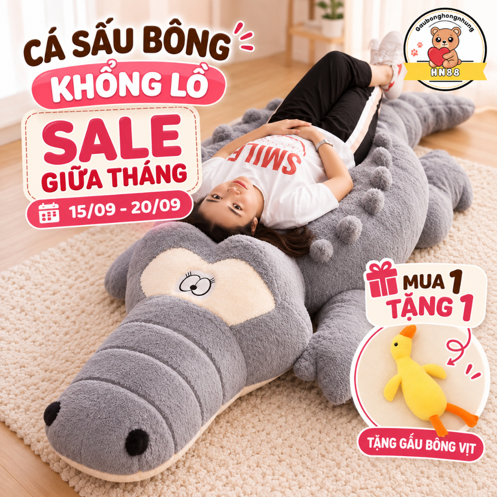 Gấu Bông Cá Sấu Khổng Lồ 2M Hai Màu Xám & Xanh - Gấu Bông Hồng Nhung