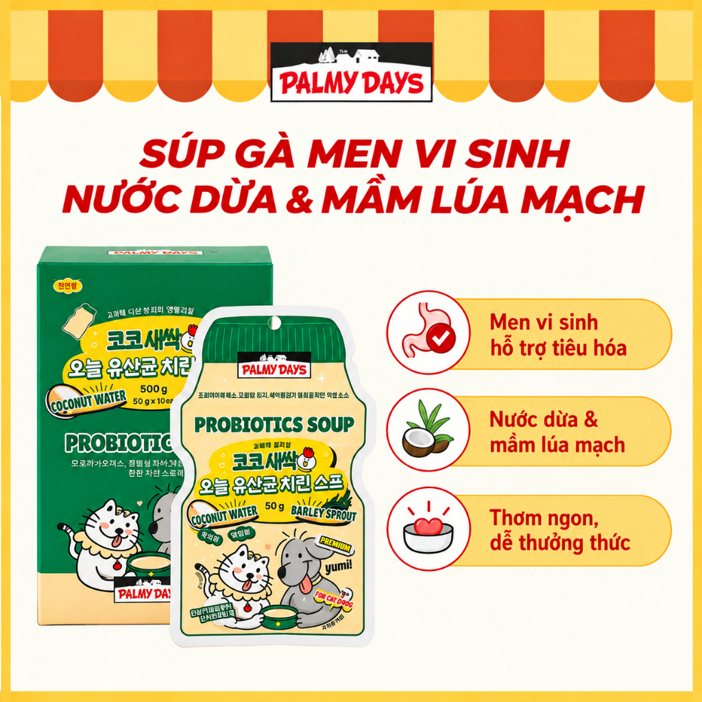 Súp gà cho mèo PALMY DAYS nước dừa mầm lúa mạch men vi sinh bổ sung ...