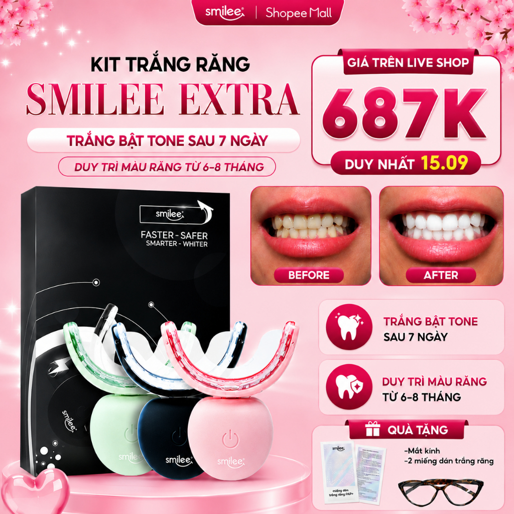 [GIÁ 631K TẠI LIVE SHOP] Trắng răng SMILEE EXTRA, bộ kit làm trắng răng từ 2-6 tone tại nhà, bộ quà tặng cho nữ, LIS
