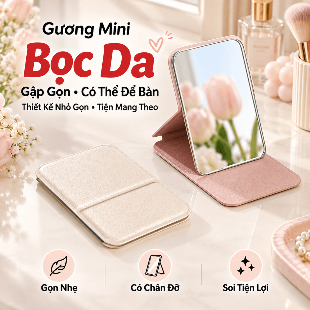 (COMBO 5) Gương Cầm Tay Để Bàn Dễ Dàng Mang Theo Mọi Lúc,Gương Bọc Da Mini Tiện Lợi GƯƠNG TRANG ĐIỂM GẤP GỌN DA CAO CẤP