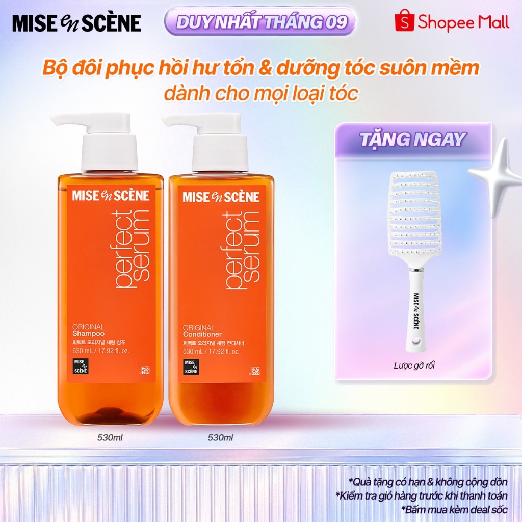 Bộ đôi Gội - Xả mise en scène Perfect Serum Original 530ml phục hồi hư tổn, giúp tóc suôn mềm, bồng bềnh