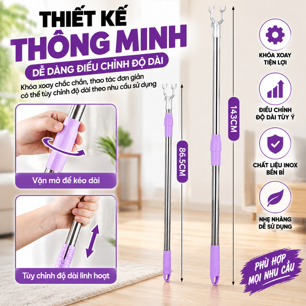 Cây Phơi Quần Áo Bằng Inox Kéo Dài 1,5m Cây Gậy Lấy Đồ Trên Cao Có Thể Kéo Dài Xếp Gọn, Gậy Lấy Đồ Trên Cao Có Thể Kéo