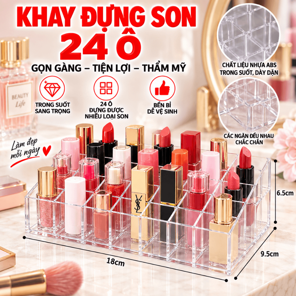 Kệ Đựng Son Môi 24 Ô Nhỏ Gọn,Khay Đựng Cọ Trang Điểm Và Mỹ Phẩm Mini - KHAY ĐỰNG SON 24 Ô NHỰA MICA SIÊU BỀN TRONG SUỐT