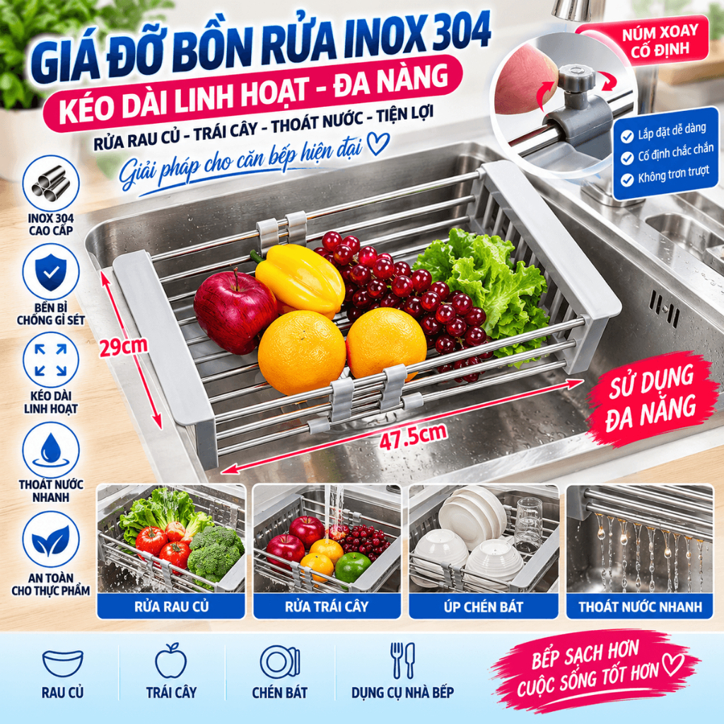 Kệ Giá Rổ Gác Bồn Rửa Chén Bát Đĩa Inox 304 Loại Dày , Rổ Gác Chậu Rửa Bát Bát Đa Năng Cực Tiện Lợi