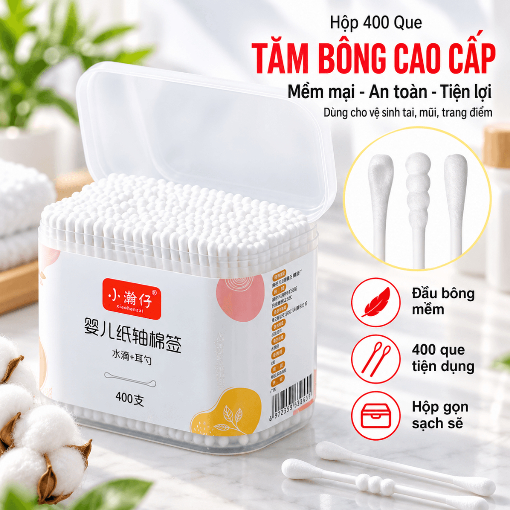 Hộp 400 tăm bông ngoáy tai 2 đầu cho bé, TĂM BÔNG SIÊU MỀM - MÃ: TAMBONG456