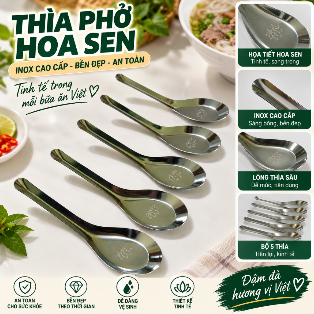 [COMBO 10]THÌA INOX 304 HOA SEN – Thìa Ăn Phở Cán Dày,Muỗng Hoa Sen Bền Đẹp, Phù Hợp Mọi Không Gian Bếp