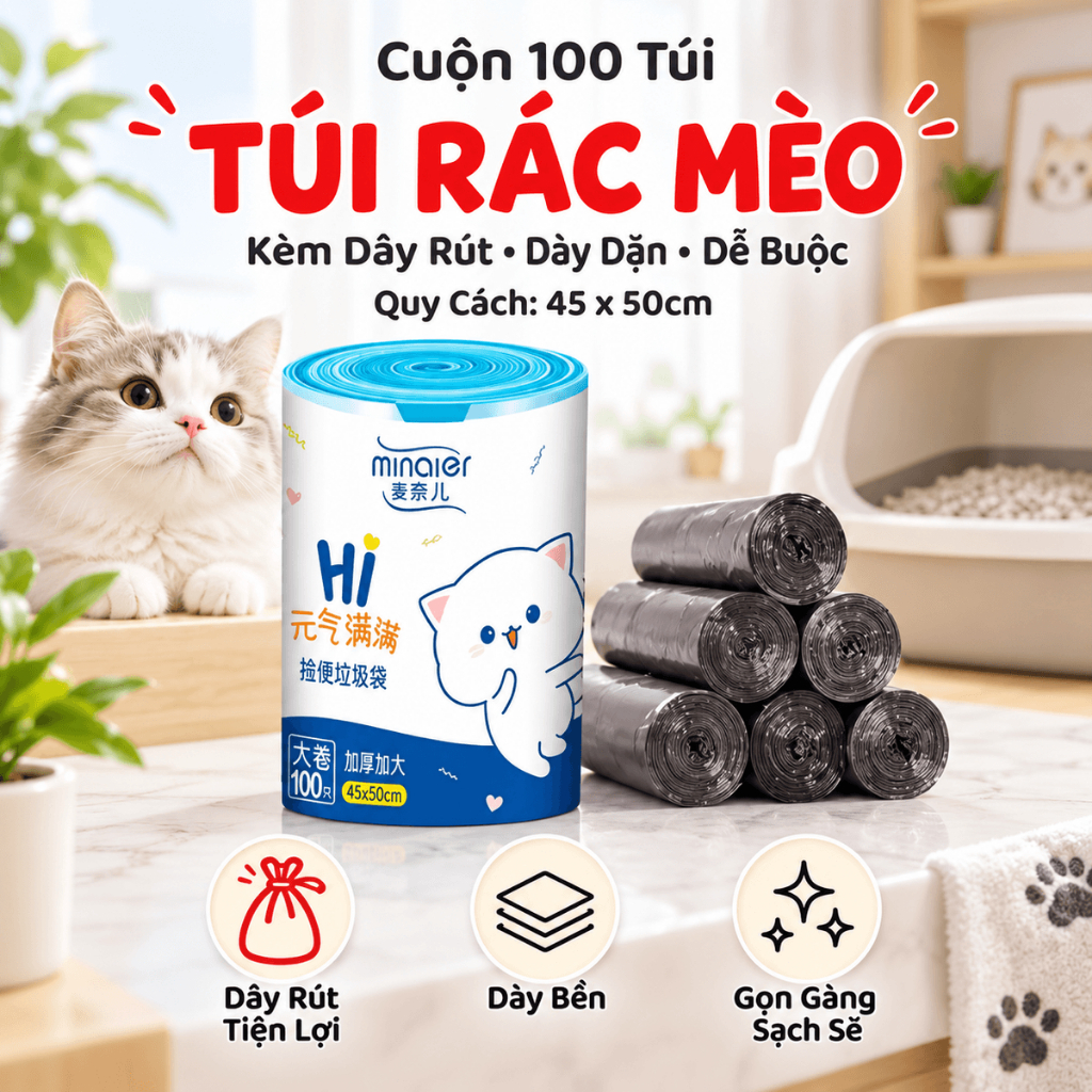 (LOẠI XỊN DÀY DAI) 100 Túi Đựng Rác Gấu Dâu/Minaier Dây Rút Loại Siêu Dày, Dai, Chống Rò Rỉ, Túi Đựng Rác Có Dây Kéo Rút