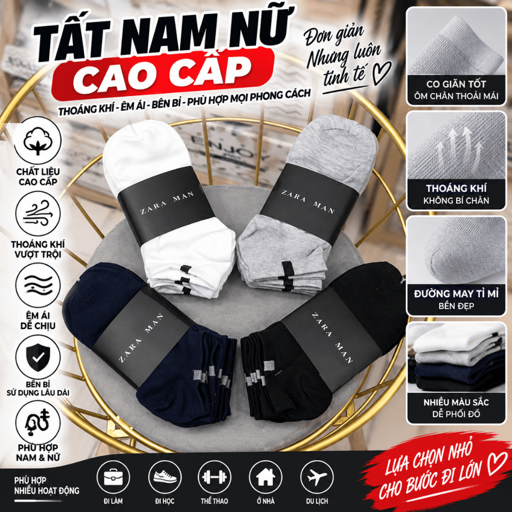 [COMBO] Tất Vớ Zara Trơn Cổ Ngắn Thời Trang, Vớ Nam, Nữ Cao Cấp Mầu Basic 100% Co Giãn Thấm Tốt Nhập Khẩu Chính Hãng