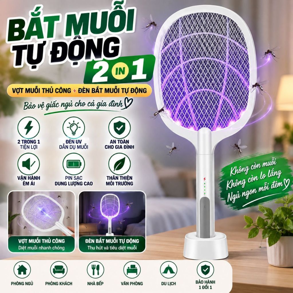 Vợt Muỗi Thông Minh Kiêm Đèn,Máy Bắt Muỗi Tự Động 2 In 1 Pin Sạc Điện Cao Cấp , Vợt Bắt Muỗi Gấp Gọn Mẫu Mới Nhập Khẩu