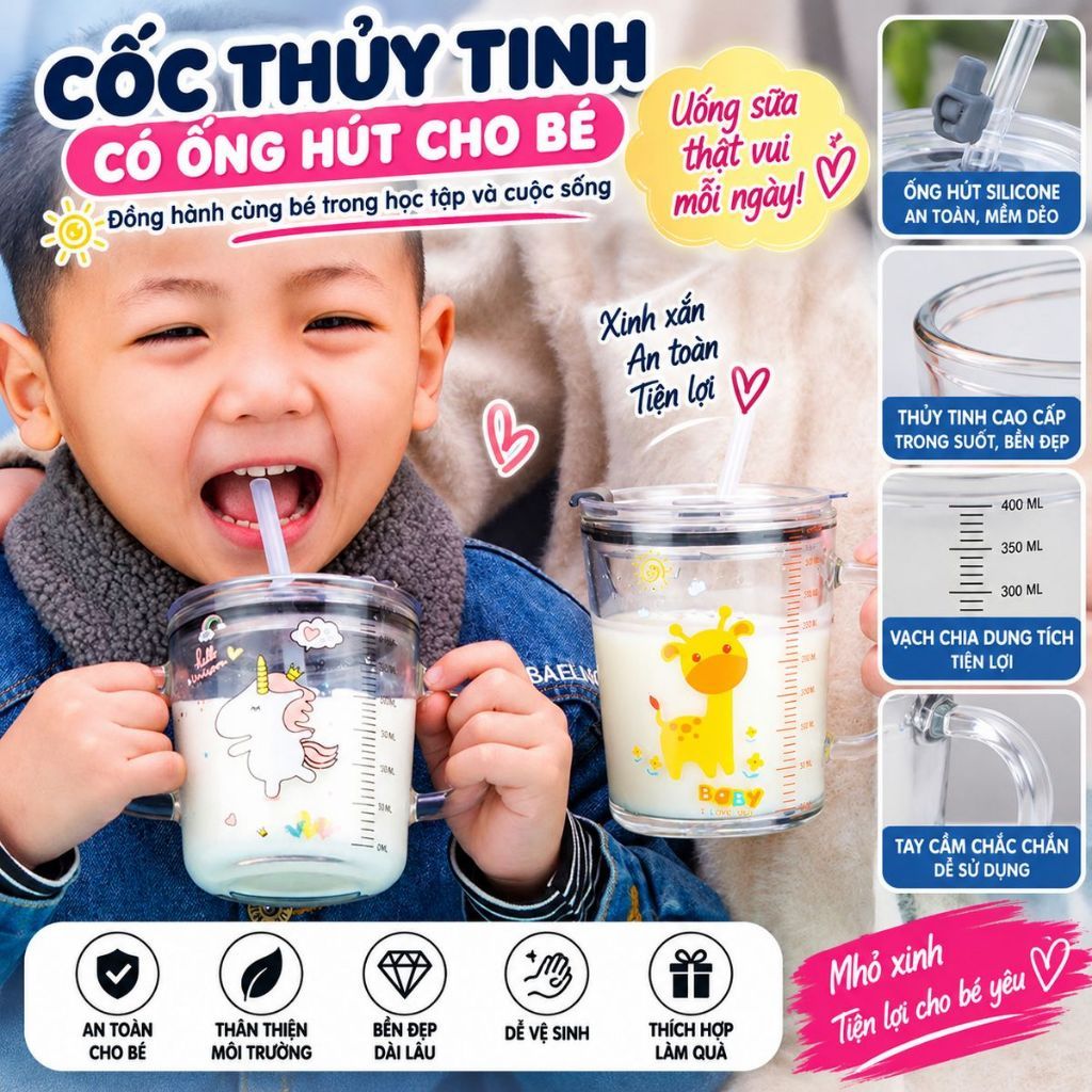Cốc Chia Vạch Thuỷ Tinh JYoohome Cốc Pha Sữa Cho Bé Có Ống Hút Dùng Cho Bé Tập Uống 400ml