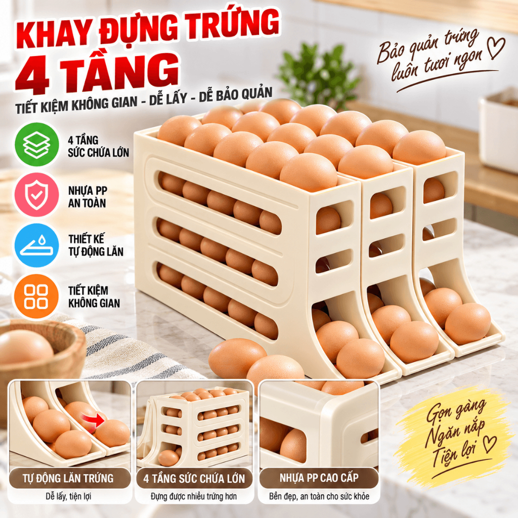 KHAY ĐỰNG TRỨNG 2 TẦNG 4 TẦNG, Khay Đựng Trứng Tủ Lạnh Tự Lăn Thông Minh - MA:KHAYTRUNG25