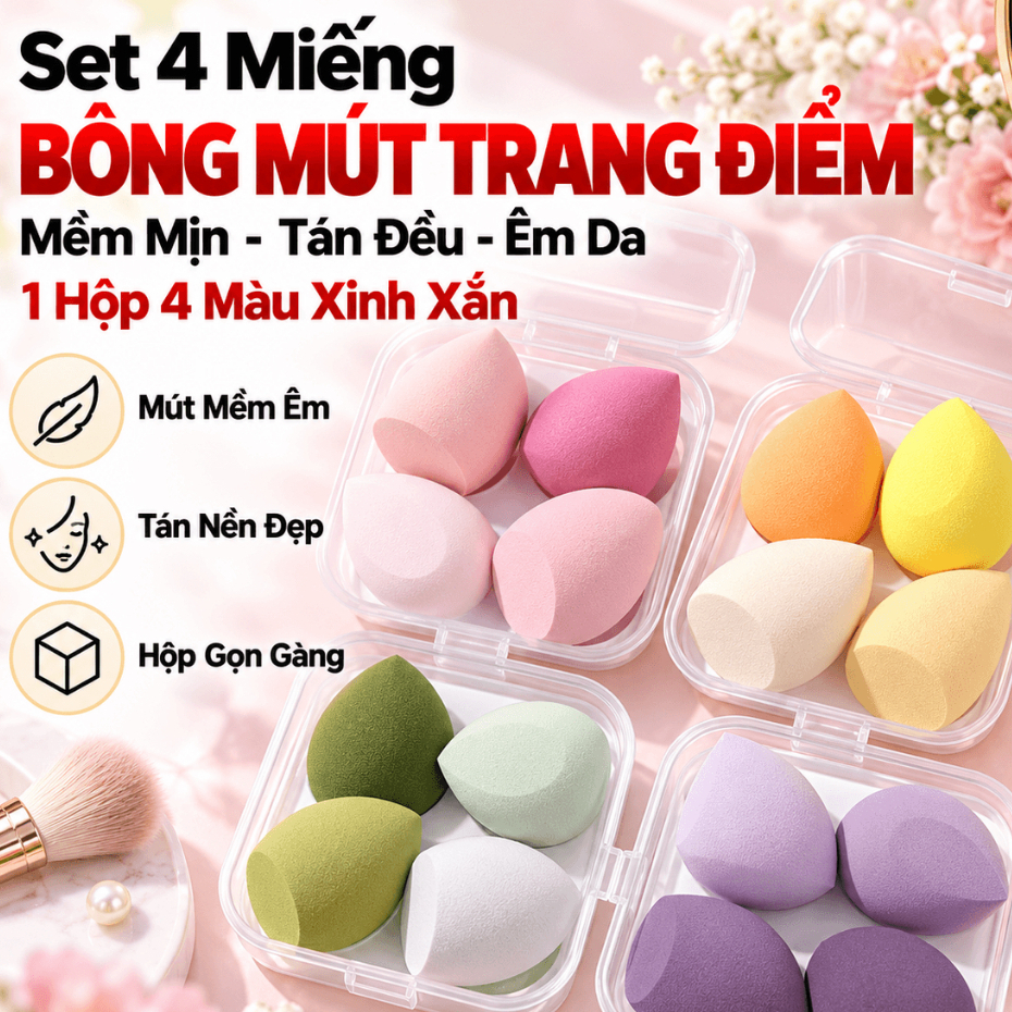 (COMBO 3) HỘP 4 MÚT TÁN KEM NỀN - Bộ Mút Trang Điểm Chuyên Nghiệp Tiện Dụng, Bông Mút Makeup Cao Cấp