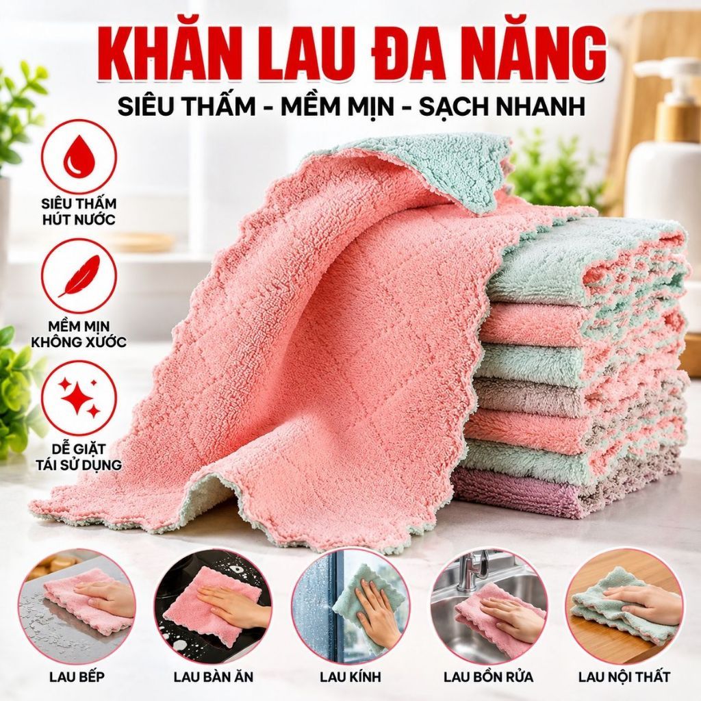 [COMBO 10] KHĂN LAU 2 MẶT, SET 5 Khăn Lau 2 mặt thấm hút nước đa năng - MA: KHALAU