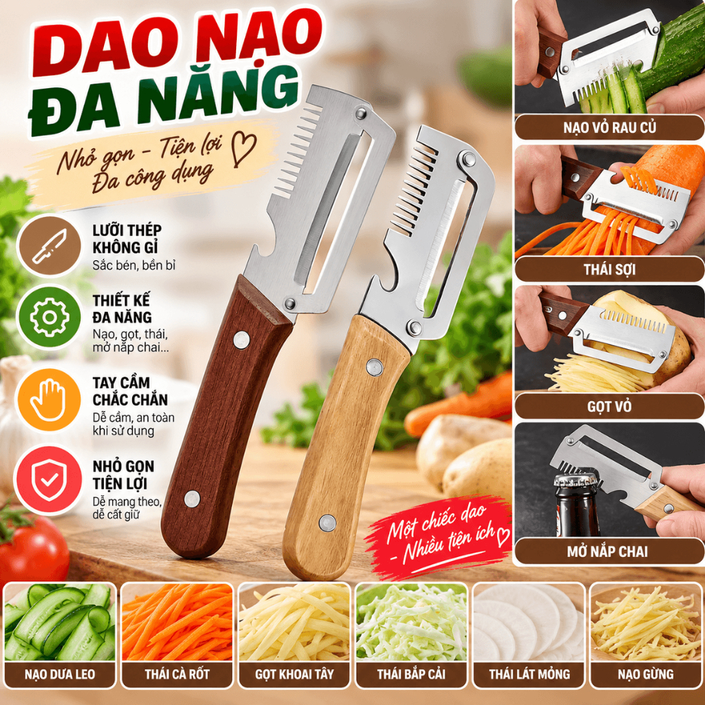(COMBO 3) DAO GỌT VỎ HOA QUẢ CÁN GỖ ĐA CHỨC NĂNG 3 IN 1 - Dao gọt rau củ, bào sợi, gọt vỏ sắc bén, thép không gỉ
