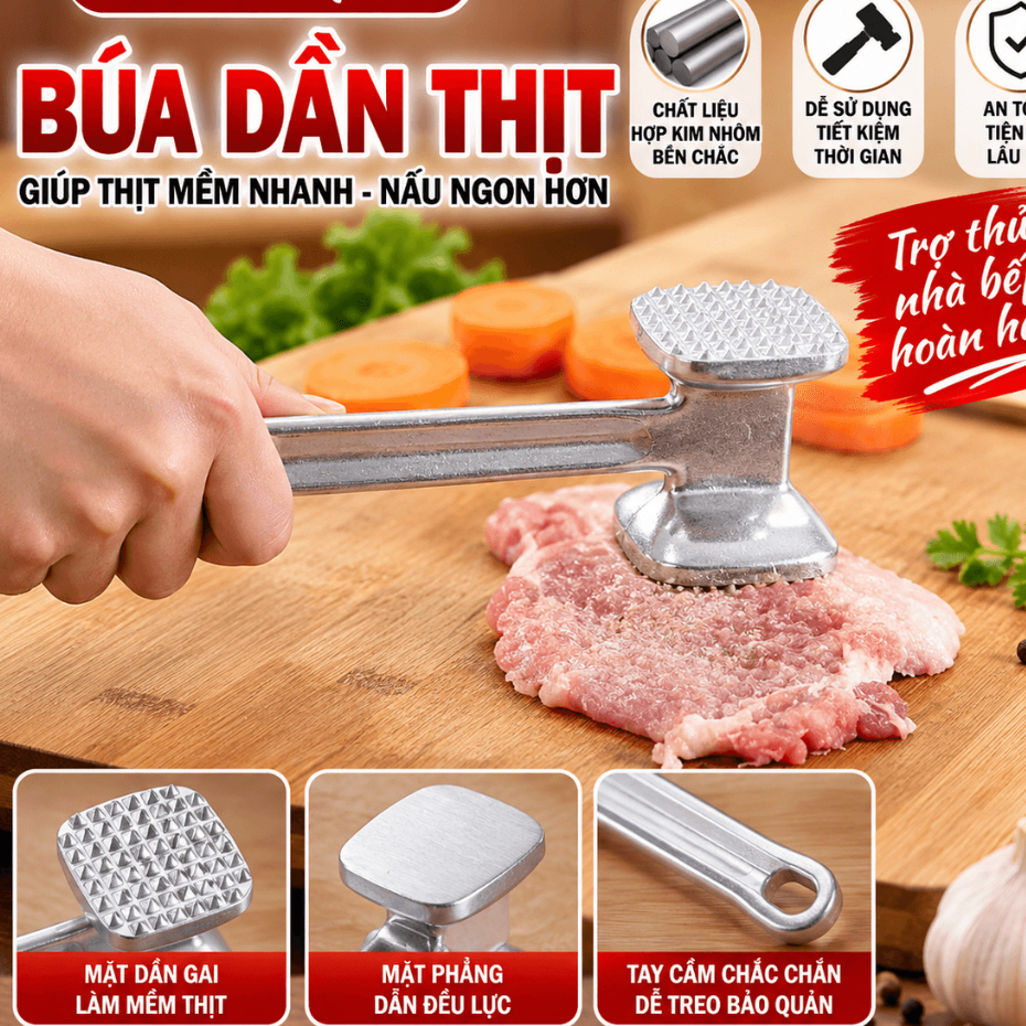 Búa đập thịt chắc chắn – Dụng cụ dầm thịt, nghiền tỏi, gừng giúp việc nấu ăn trở nên dễ dàng hơn