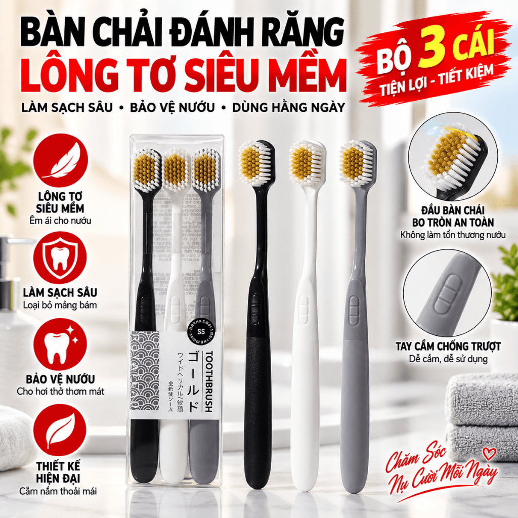 Set 3 Bàn Chải Nhật Siêu Mềm – BÀN CHẢI ĐÁNH RĂNG NHẬT BẢN - Lựa Chọn Hoàn Hảo Cho Nướu Nhạy Cảm
