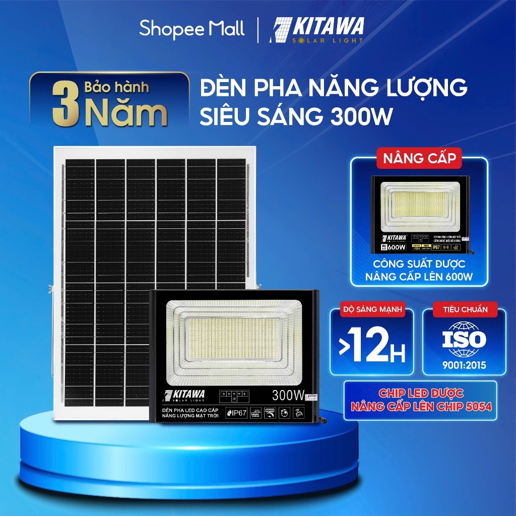 Đèn Pha Năng Lượng Mặt Trời Kitawa 300W DP1300; Bảo Hành 3 Năm; Chống Nước IP67