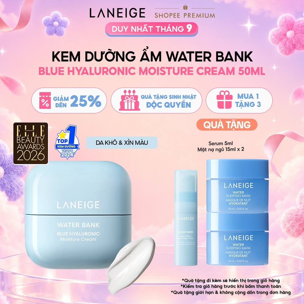 Kem Dưỡng Ẩm Sâu 100H Laneige Water Bank Blue Hyaluronic Moisture Cream 50ml (Da Thường và Da Khô)