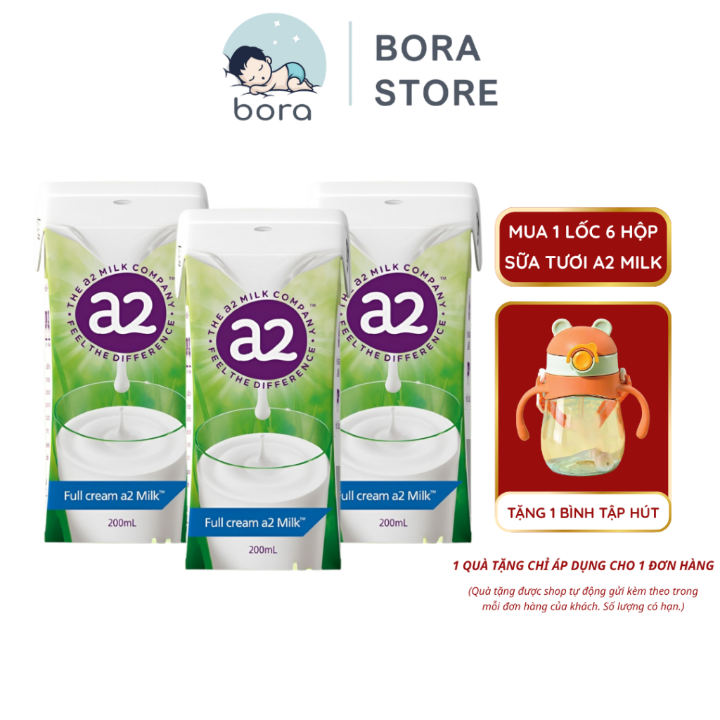 Lốc 6 hộp sữa tươi A2 Milk UHT Fullcream, sữa tươi nguyên kem dạng nước 200ml cho bé dễ tiêu hóa